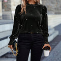 fashion cross-border plus size black velvet tops fungus collar pearl decoration puff sleeves long sleeves bottom