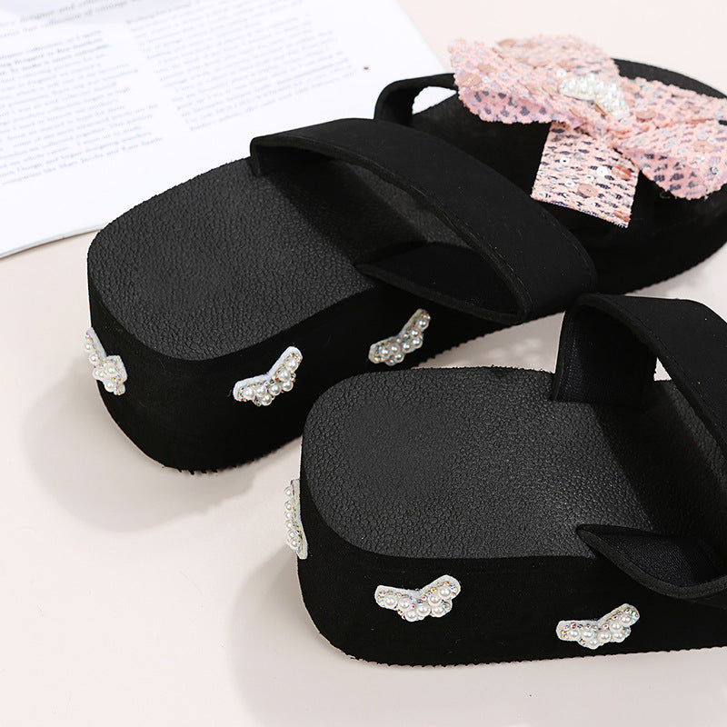 Plus size drag female students spring and summer outweark-style flip-flop sandals flower rhinestone drag ins pearl eva beach shoes