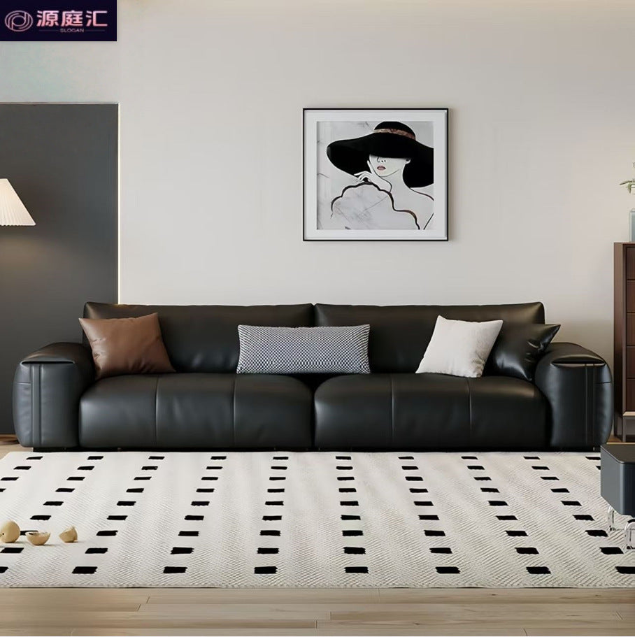 Italian minimalist genuine leather sofa, perfect for small apartments. black, top-grain cowhide, straight-row, high-end leather sofa for home living rooms