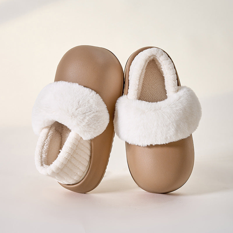Waterproof, removable, and washable cotton slippers - winter anti-slip, warm, fleece-lined, thick-soled slippers for home wear, women's bread-shaped slippers, postpartum shoes