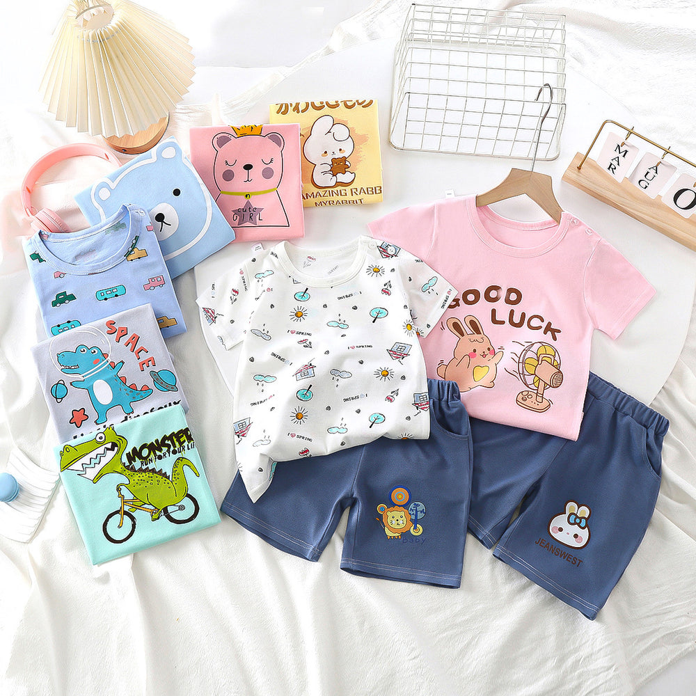 summer kids' short-sleeve set: toddler & children's pure cotton denim casual short-sleeve & shorts two-piece outfit - dropshipping available
