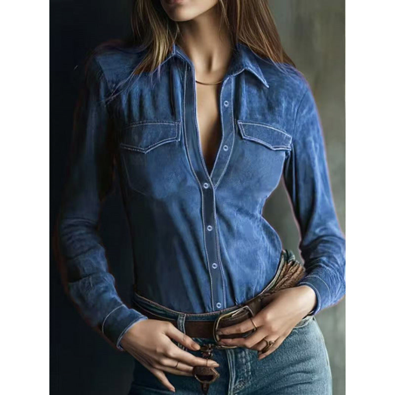 cross-border independent station european and american long-sleeved deerskin velvet shirt women's shirt