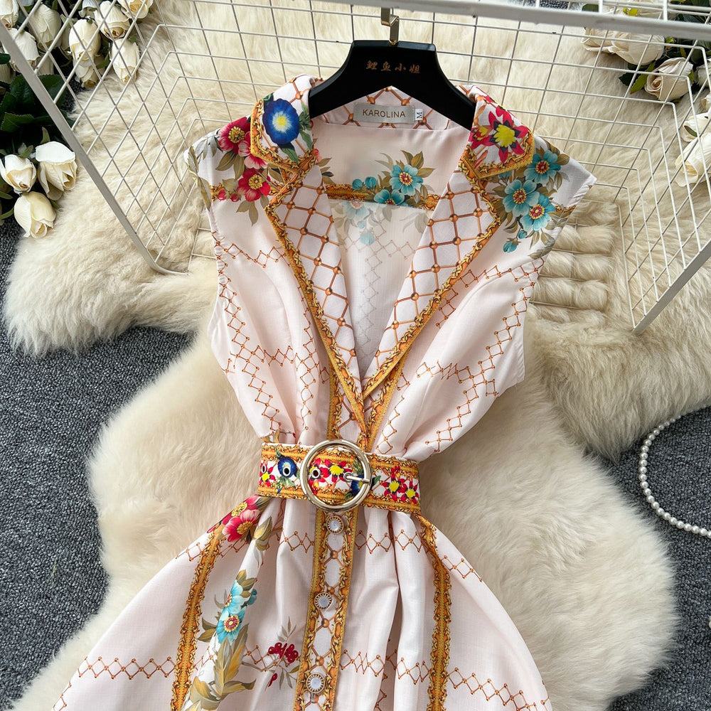 European and american retro court style v-neck sleeveless fashion placement print cinched waist slimming single-breasted long dress - spring collection