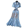 French chic heavy lace cutout dress - women's summer collared, slim-fit, work-ready, elegant maxi dress