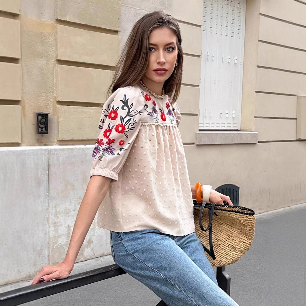 Amazon fashion cross-border women's clothing  spring and summer new french retro floral slimming look short sleeve shirt