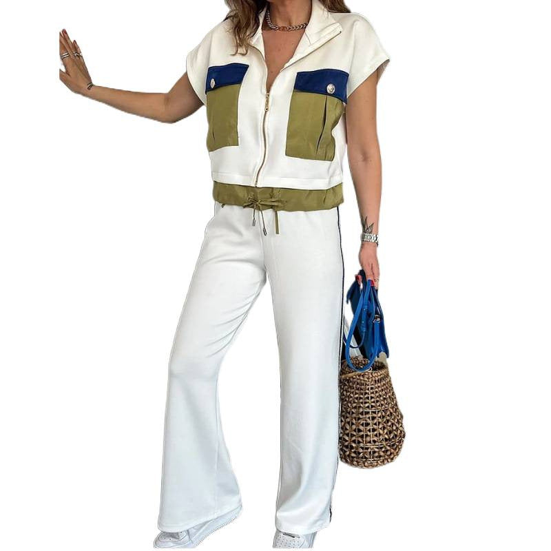 cross-border fashion zip-up top and pants color block two-piece set plus size outerwear