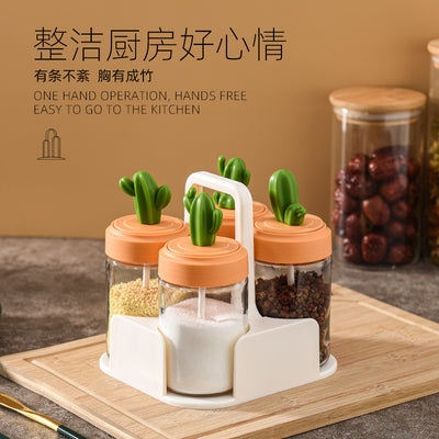 Kitchen spice jar set - home use oil, salt, sauce, vinegar combination set - condiment storage box - cactus glass seasoning jar bottle