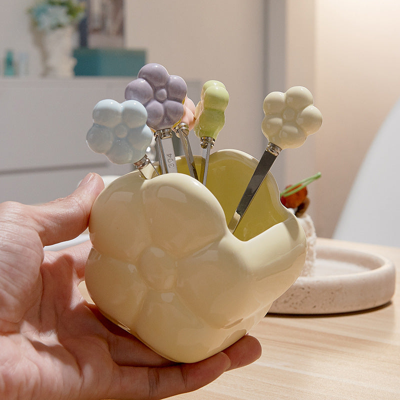 Creative sunflower stainless steel fruit fork desktop decoration ornament ceramic storage jar suit exquisite afternoon tea knife and fork