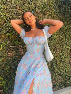 cross-border e-commerce women's fashion: european and american summer new arrivals - french chic floral print spaghetti strap slit dress