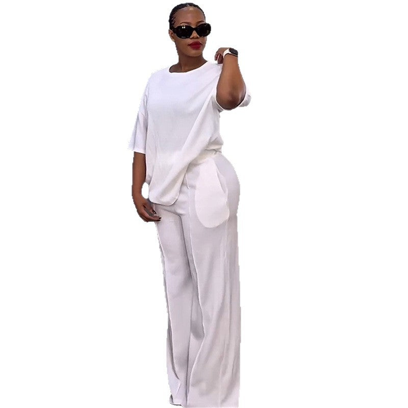 European and american cross-border women's fashion  autumn new arrival casual solid color crew neck loose short sleeve t-shirt and wide leg pants set