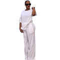 European and american cross-border women's fashion  autumn new arrival casual solid color crew neck loose short sleeve t-shirt and wide leg pants set