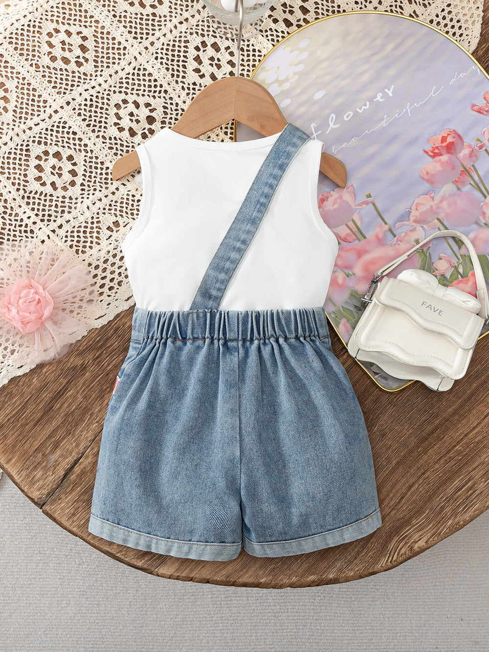 summer new sleeveless bow print top + cross-strap denim shorts set - exquisite denim two-piece