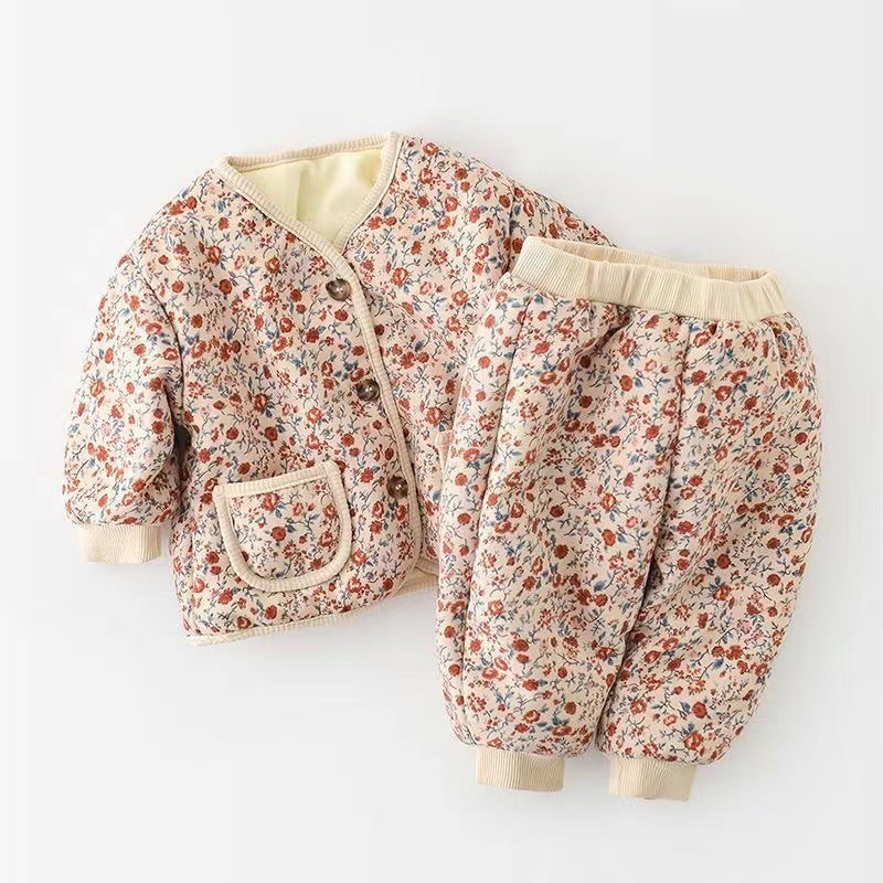 Newborn baby cotton outfit set - fleece-lined lightweight cotton two-piece winter set - korean style fashion set for baby girls