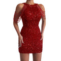 spring new european and american style sexy fashion halter neck off-shoulder tassel bodycon crystal sequin dress