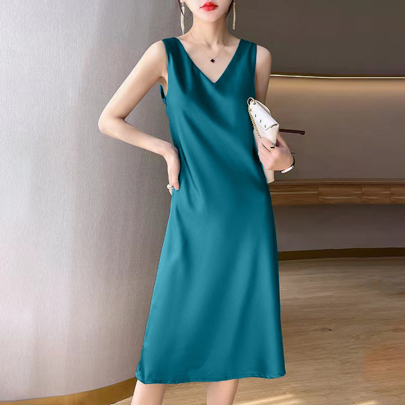 New sleeveless dress women's  new satin long over-the-knee summer inner wear plus size solid color suspender skirt