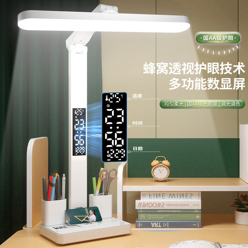 Smart foldable large clock desk lamp - eye protection, plug-in & rechargeable, perfect for homework, dorm study, and reading