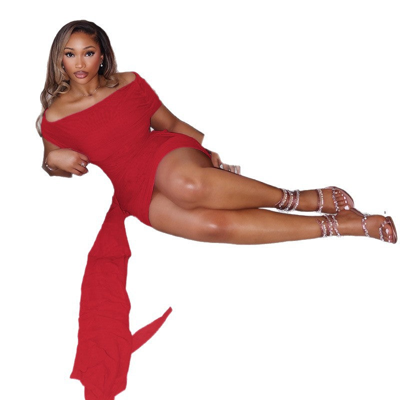 European and american style cross-border solid color elegant women's design: tie-waist bodycon mini dress with ruched detail and off-the-shoulder short sleeves