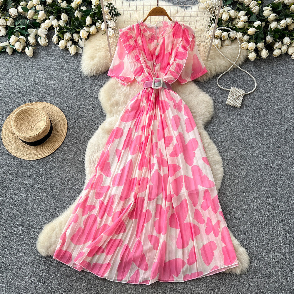 French riviera style butterfly print dress - women's summer korean v-neck slimming a-line maxi dress - elegant & commute-friendly
