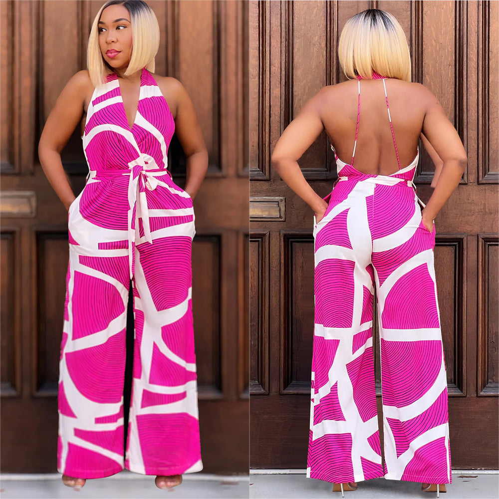 C6985 cross-border   independent station fashionfashion women's exquisite printing sleeveless v neck jumpsuit
