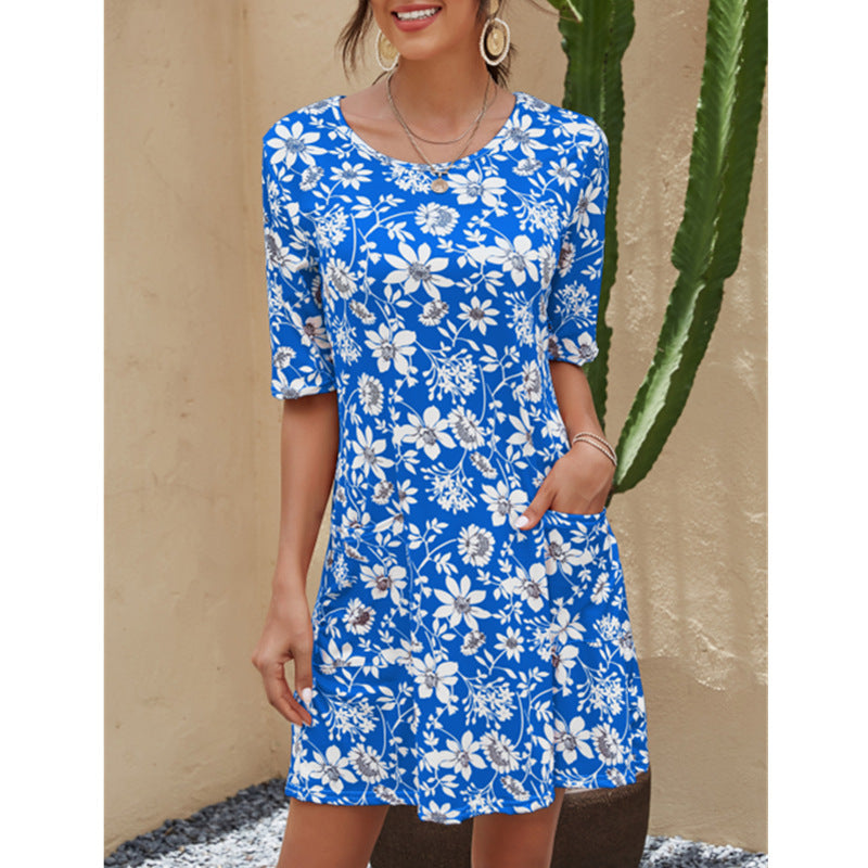2025 summer european and american cross-border women's fashion: amazon ebay round neck printed plus size short sleeve dress with cinched waist