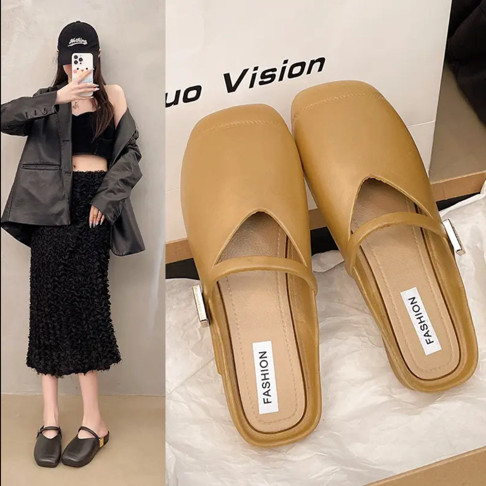 Half slippers summer women's shoes square toe metal buckle casual loafers toe half slippers casual style easiest for matchcasual