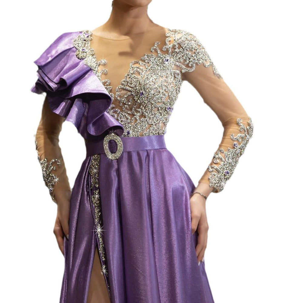 2025 spring new european and american cross-border women's clothing amazon evening gown - women's satin gold-sprayed purple sequin dress