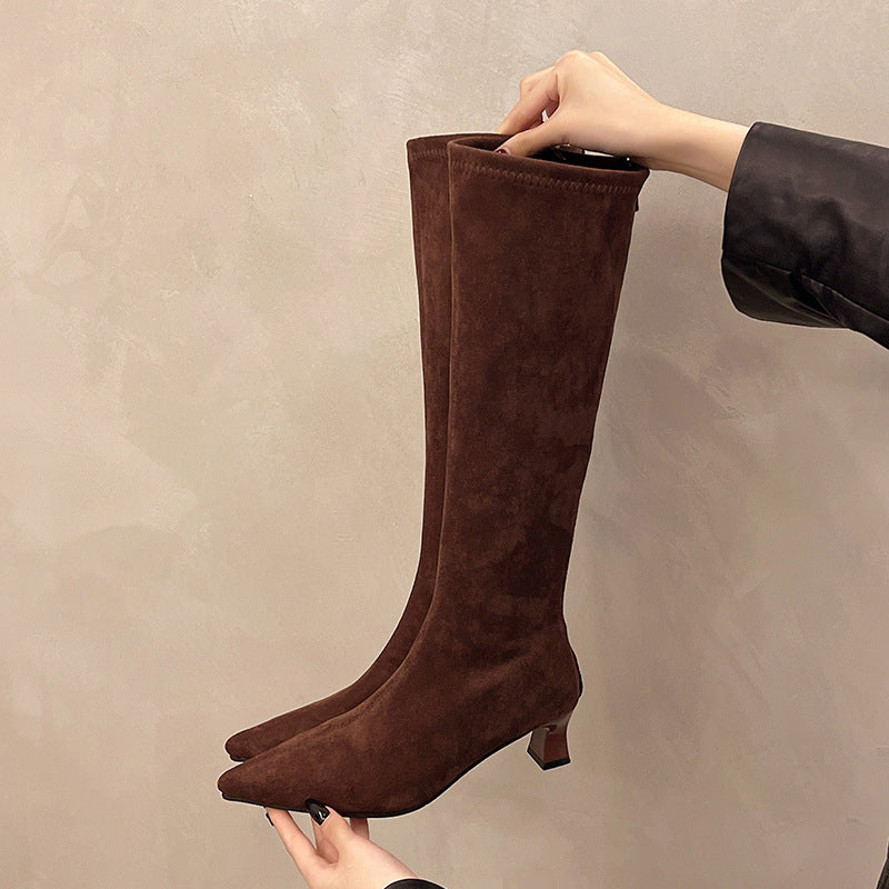 High-heeled women's boots, pointed toe, leopard print, over-the-knee boots, slimming look, elastic boots, fashioneasiest for match long boots, cross-border