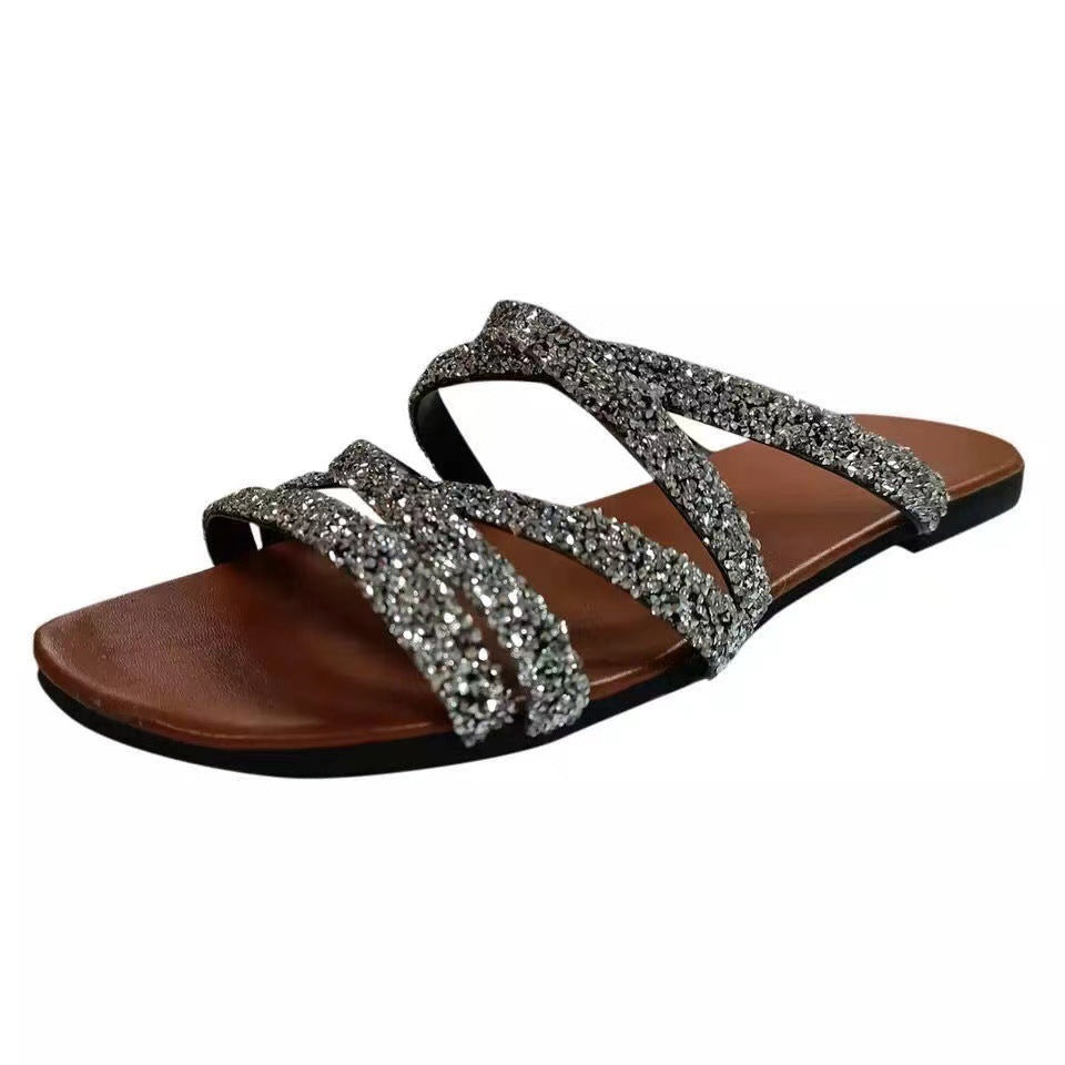 Summer women's european and american style open-toe round toe flat sandals with rhinestones - plus size women's shoes, breathable and lightweight for beach and outdoor wear