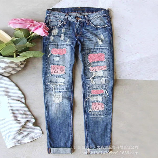 TP228291 series European and American new pink leopard print ripped printing pants casual WISH loose washed denim