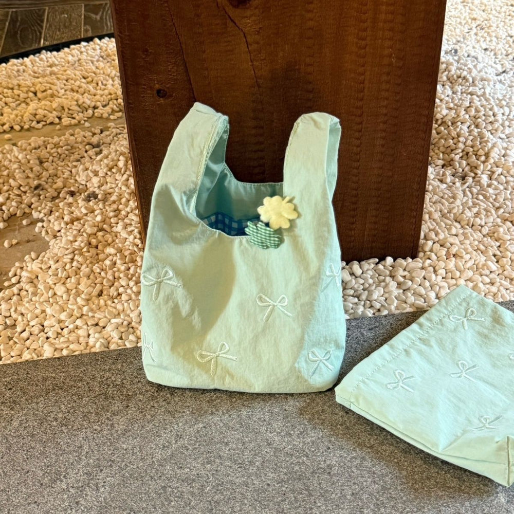 Mint green bow embroidered handbag - girly, portable mini tote bag for everyday commuting, cute storage pouch, exquisite design