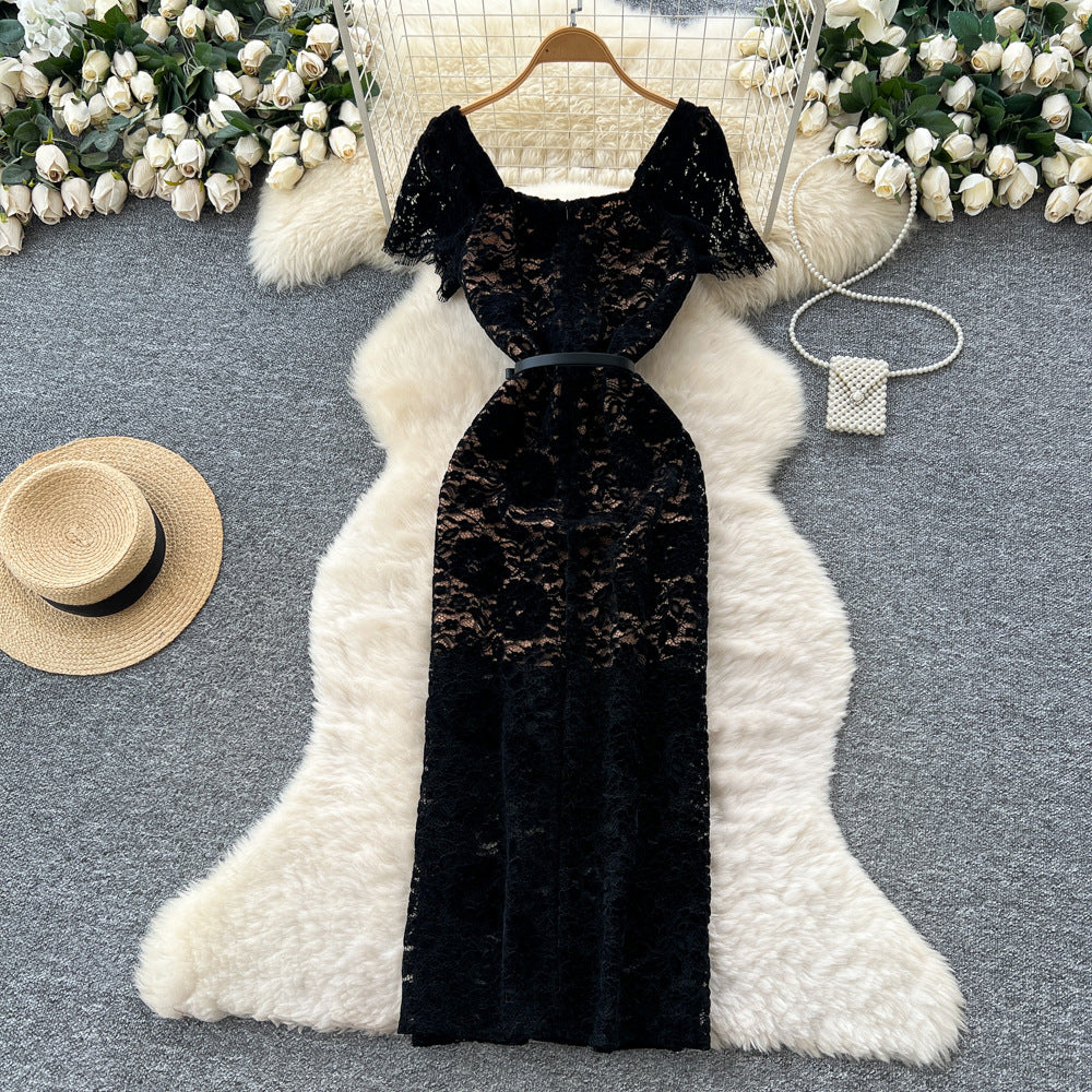 French high-end women's dress -  autumn fashion square neck button-down tie waist short sleeve flocked lace maxi dress
