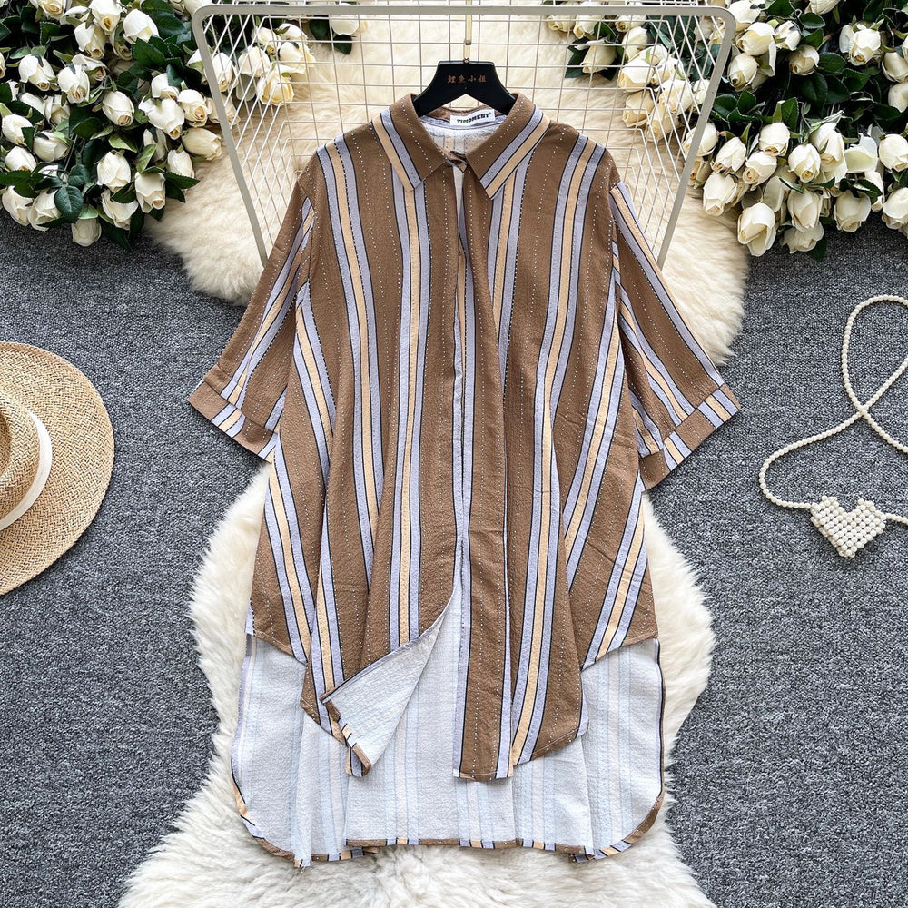 Relaxed fit shirt for women -  summer collection: effortless style, unique design, loose fit, slimming, casual, irregular striped pattern with hotfix rhinestone detailing