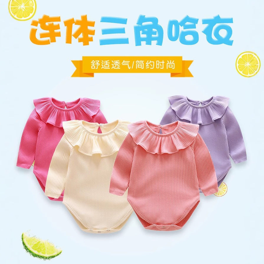 Girls' european and american style spring/autumn long-sleeve ruffle solid color romper jumpsuit outfit