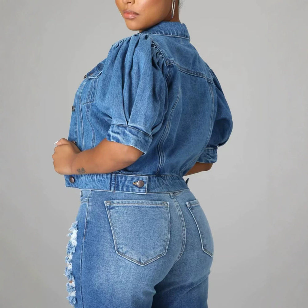 Amazon denim jacket women's hot selling new denim jacket short sleeve fashionable retro denim outerwear cross-border