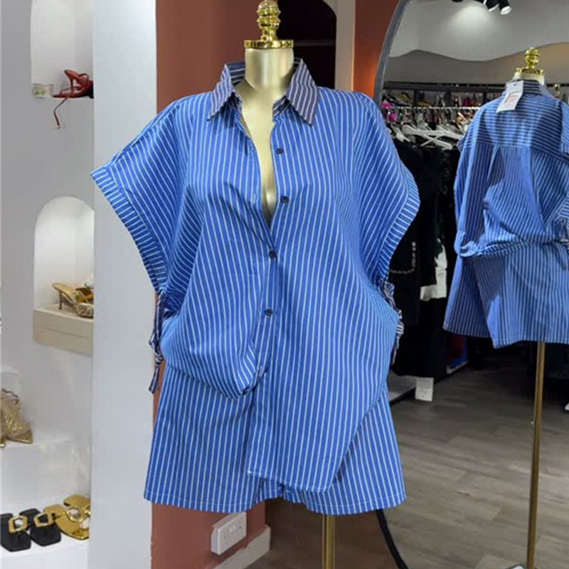 European and american cross-border women's fashion:  autumn new collection - stylish lapel blue striped cinched waist shirt and wide-leg shorts set