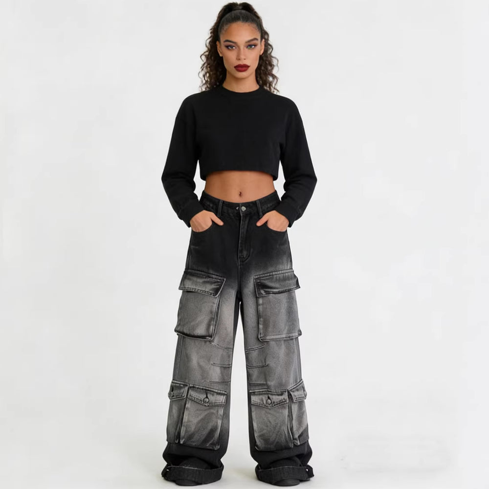 European and american style women's denim cargo pants -  cross-border fashion - streetwear gradient color multi-pocket straight leg jeans