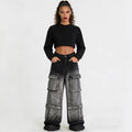 European and american style women's denim cargo pants -  cross-border fashion - streetwear gradient color multi-pocket straight leg jeans