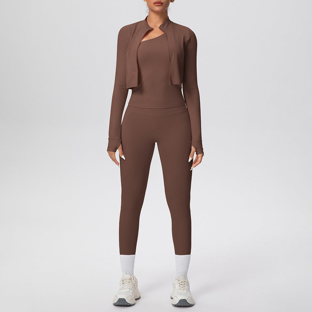 pure color brushed tight one-shoulder vest nine-point long three-piece sports running fitness yoga suit
