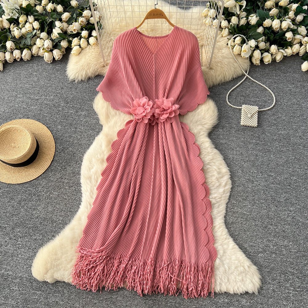 Fashion cross-border miyake pleated dress female v neck waist stereo flower decoration tassel long skirt elegantwork clothing