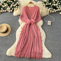 Fashion cross-border miyake pleated dress female v neck waist stereo flower decoration tassel long skirt elegantwork clothing