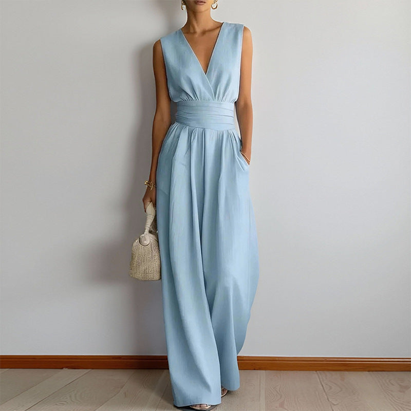 summer new women's clothing - cross-border  us & europe - fashionable casual solid color cinched waist sleeveless jumpsuit