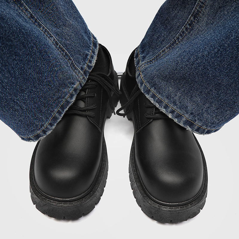 Men's leather dress shoes: spring casual retro chunky platform derby shoes, british style black wide fit trendy shoes