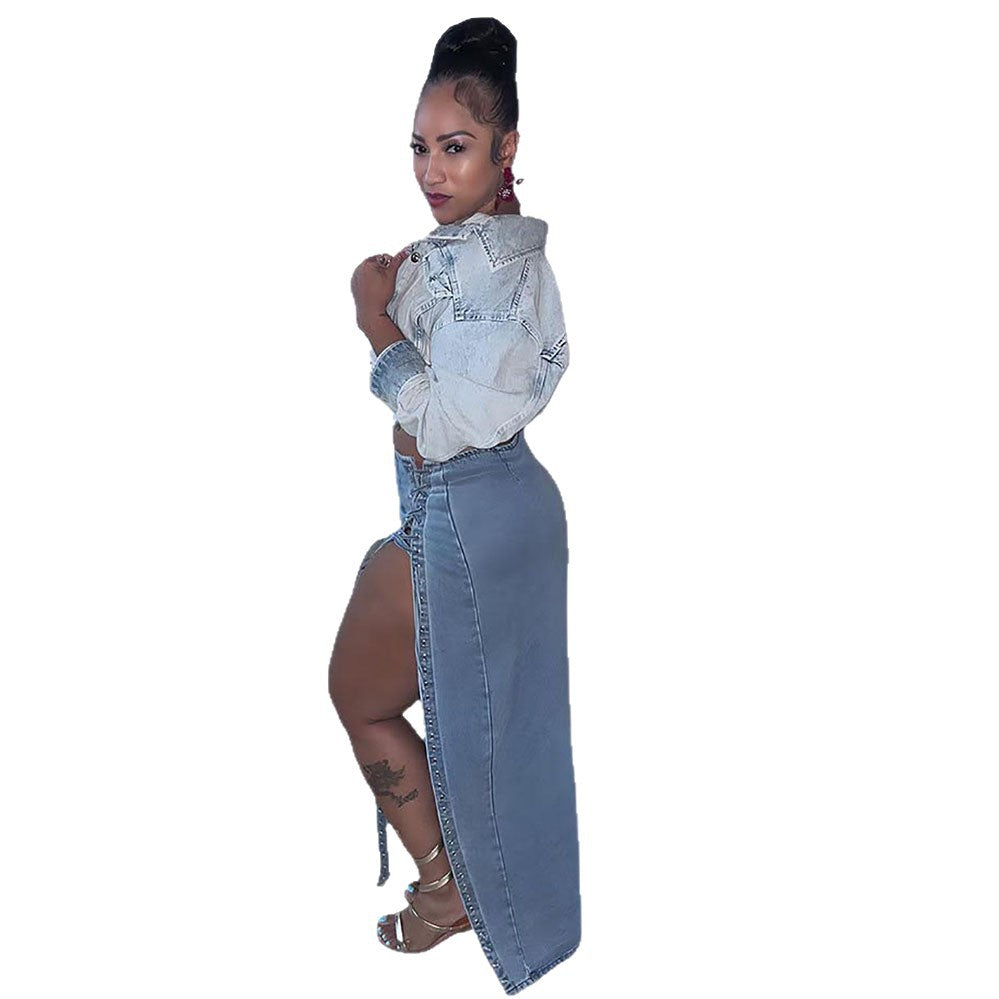 European and american style denim skirt  women's fashion hot girl eyelet tie closure slit long skirt