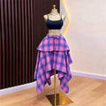 European and american cross-border women's fashion:  summer new arrival - high-waisted plaid layered midi skirt with asymmetrical hem