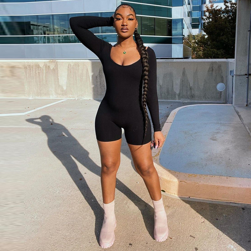 2024  high-end fashion women's clothing new solid color yoga pants threaded integrated leaking back halter long-sleeved shorts