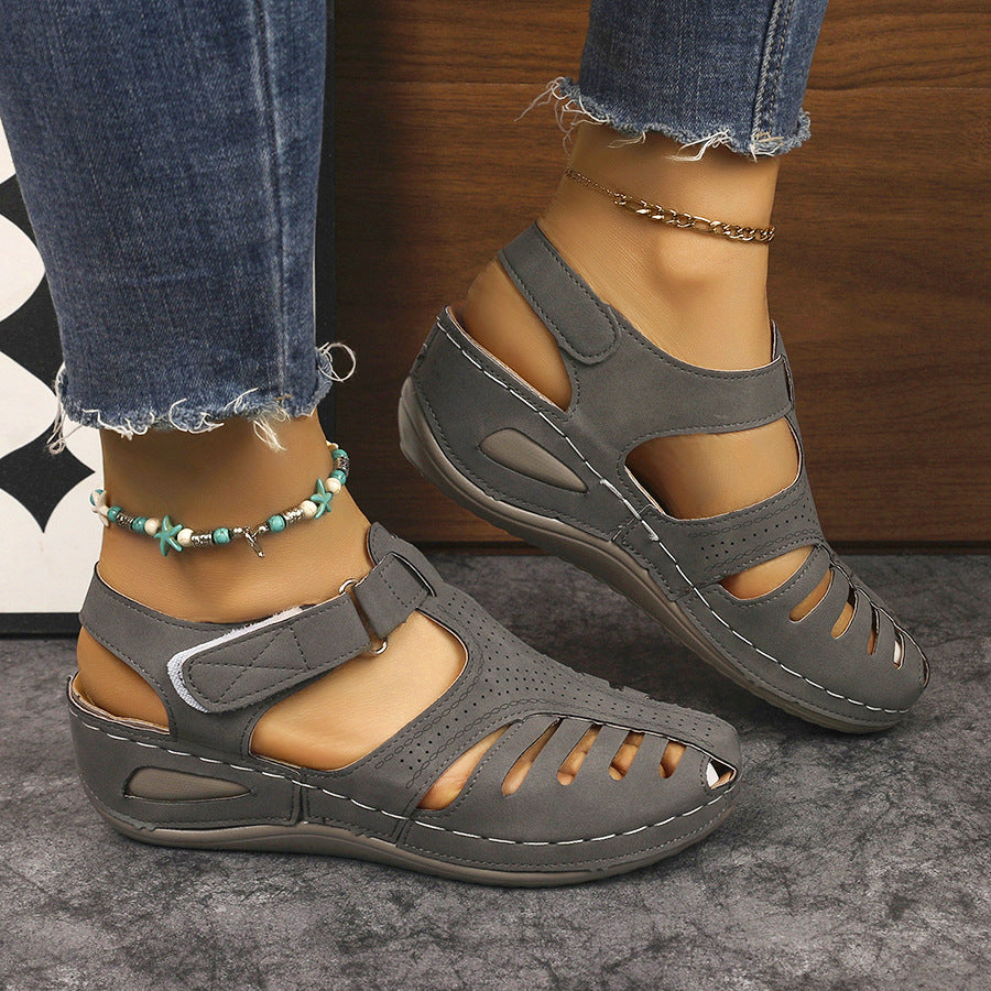 Exportnew arrival2026summer wedge thick sole sandals women's shoes cross-border large size car line wedge toe thick sole sandals