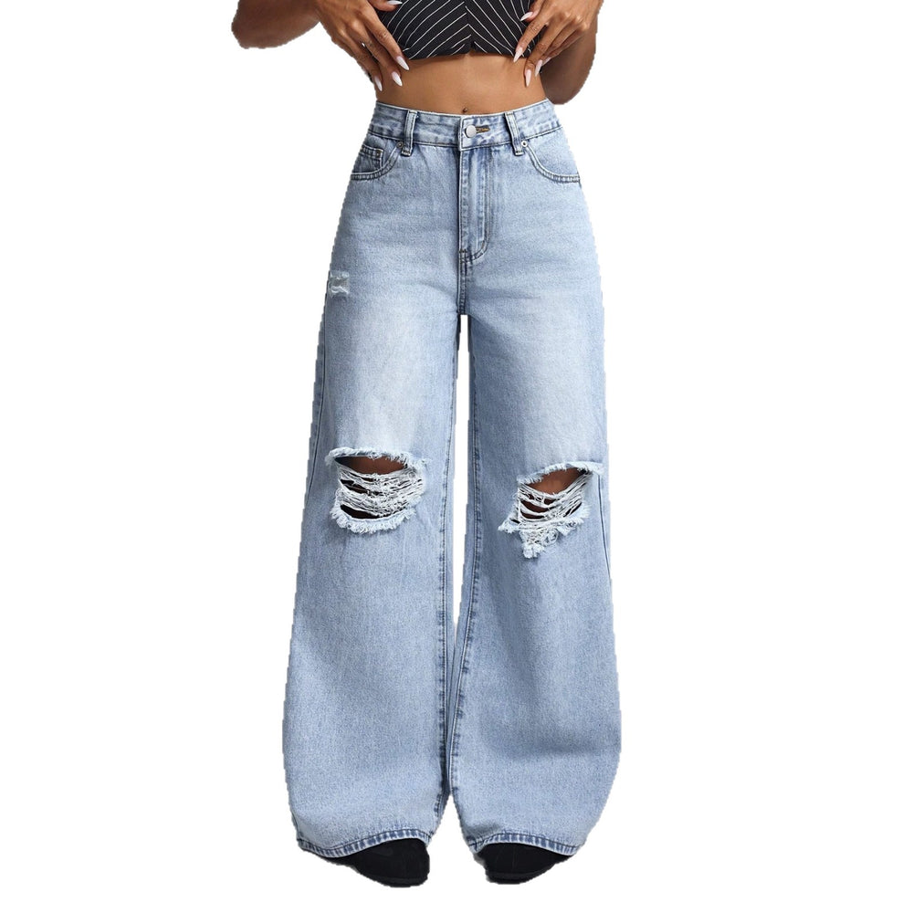 European and american style women's high-waisted distressed wide-leg jeans - american trendy frayed hem, ripped and distressed, slimming women's jeans