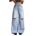 European and american style women's high-waisted distressed wide-leg jeans - american trendy frayed hem, ripped and distressed, slimming women's jeans