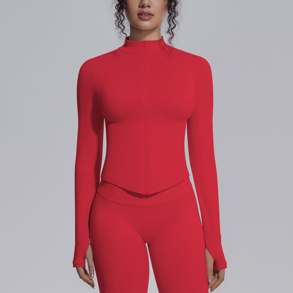seamless pure color tight high elastic breathable stand collar zipper outwear sports running fitness yoga wear tops for women
