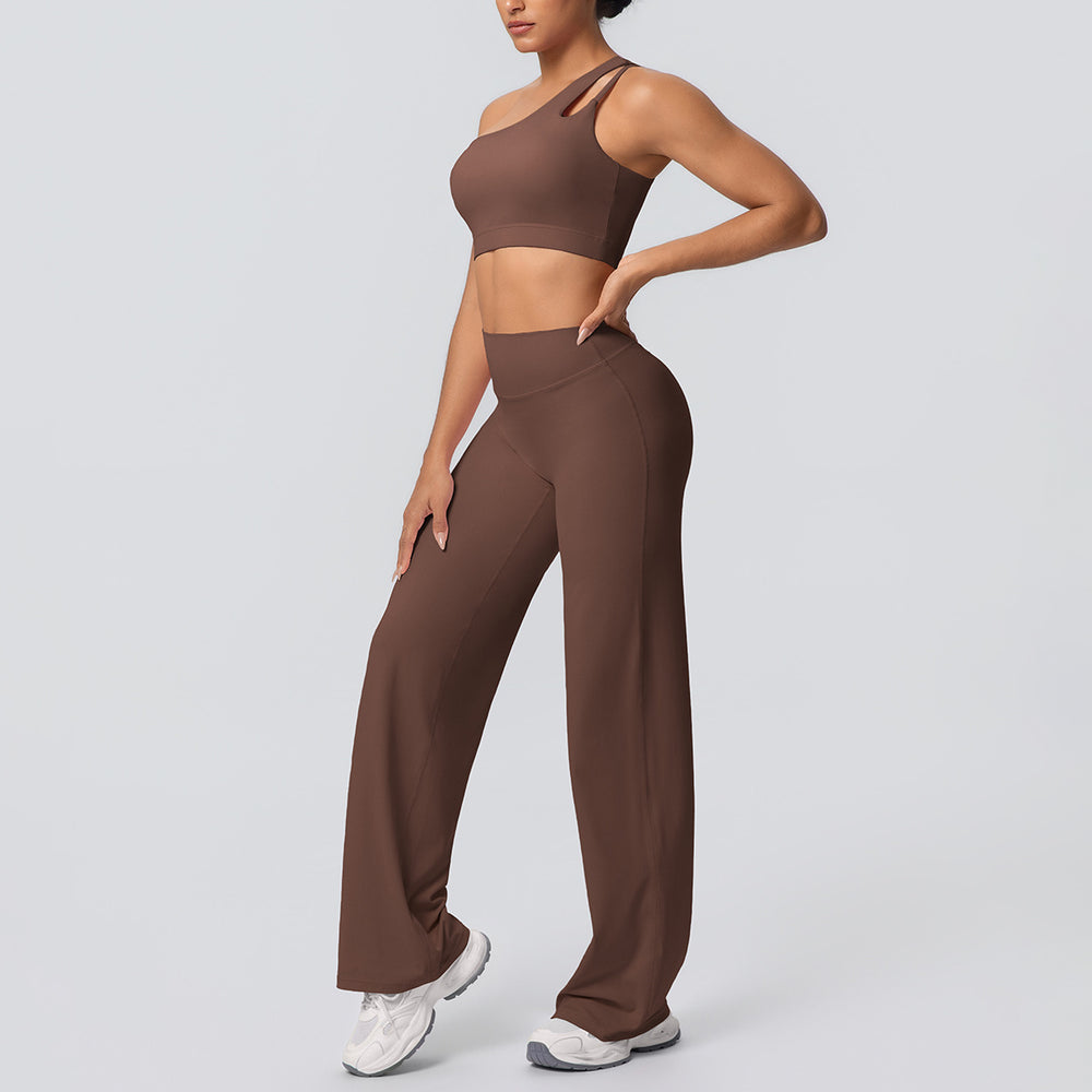 fashion double-sided nylon brushed single-shoulder yoga suit sports running fitness wide-leg two-piece set for women